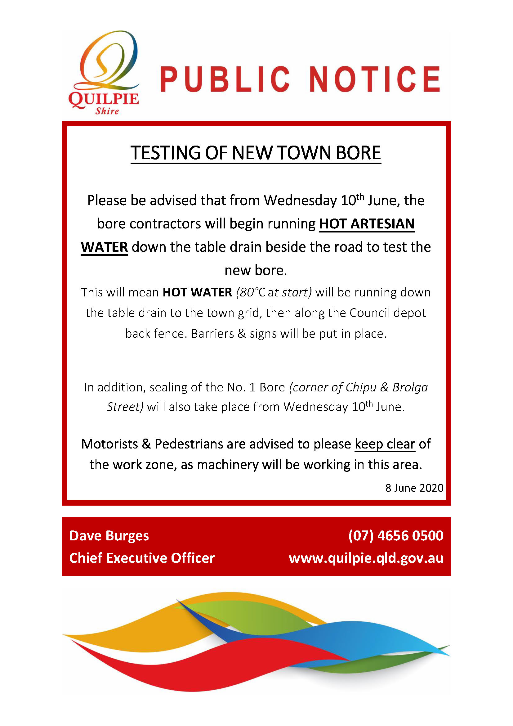 08 06 2020 Testing Of New Town Bore Public Notice