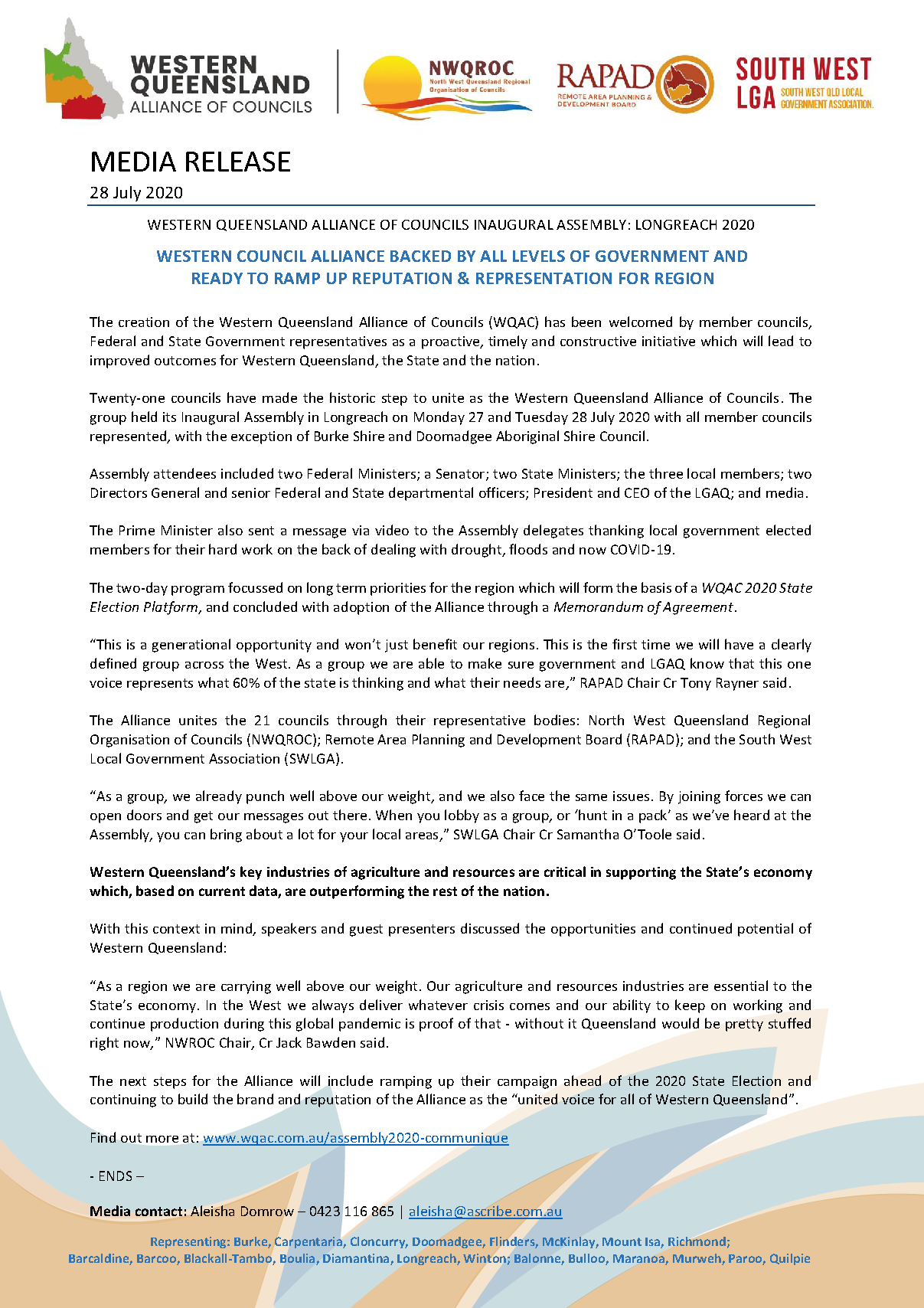 Wqac Media Release Western Alliance Backed By All Levels Of Government