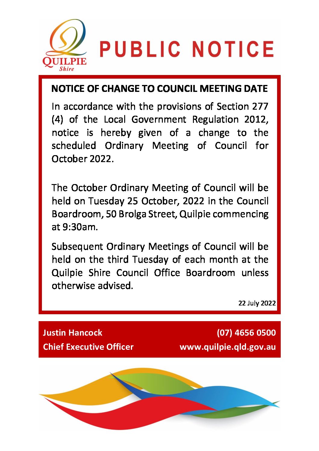 Change Council Meeting Date – October