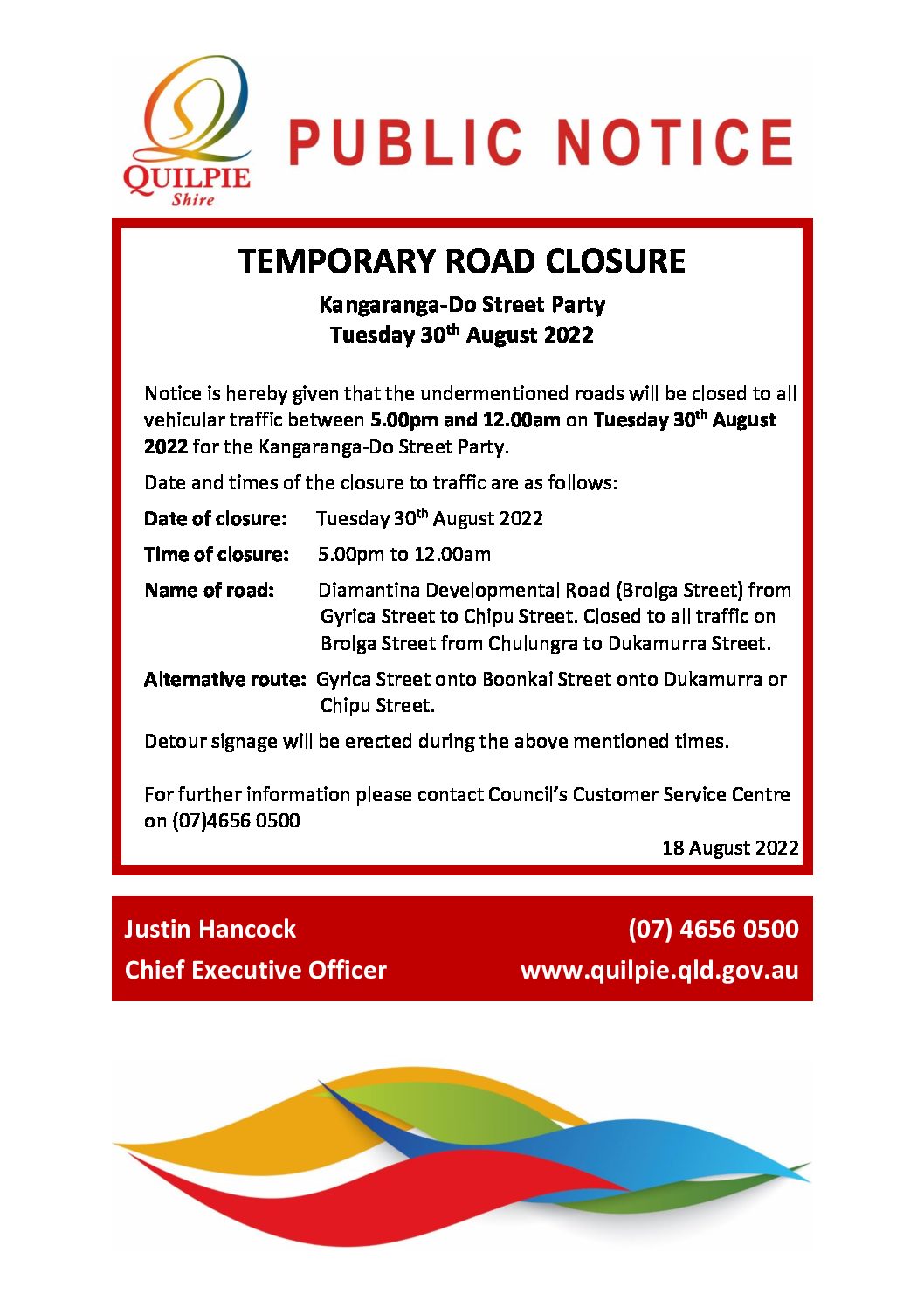Road Closure 5pm 30 August