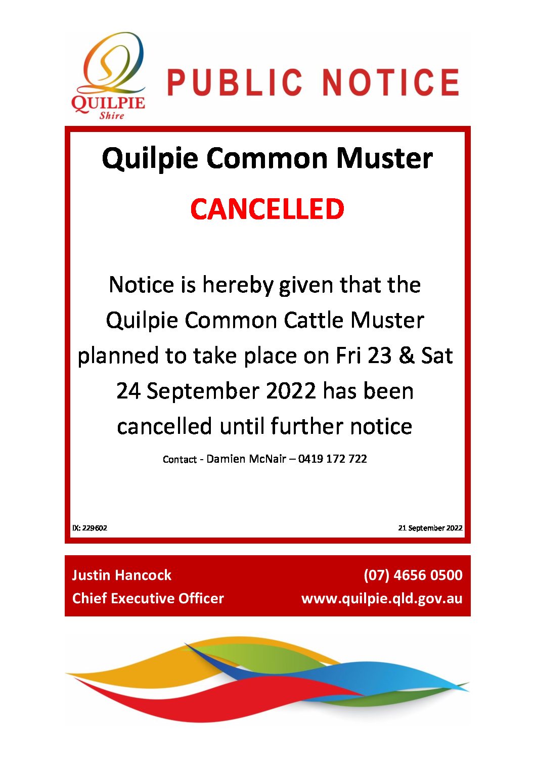 Quilpie Common Muster Cancelled