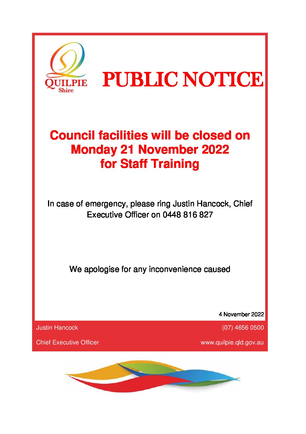 All Council Facilities Closed 21 November