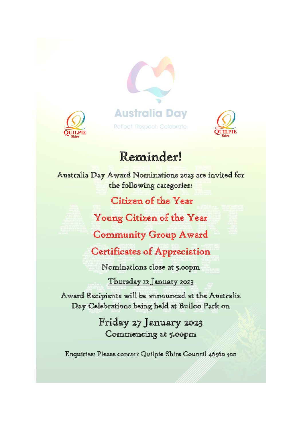 Reminder Australia Day Award Nominations
