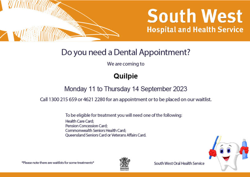 Dental Appointments Monday 11 – Thursday 14 September 2023 – South West Oral Health Service