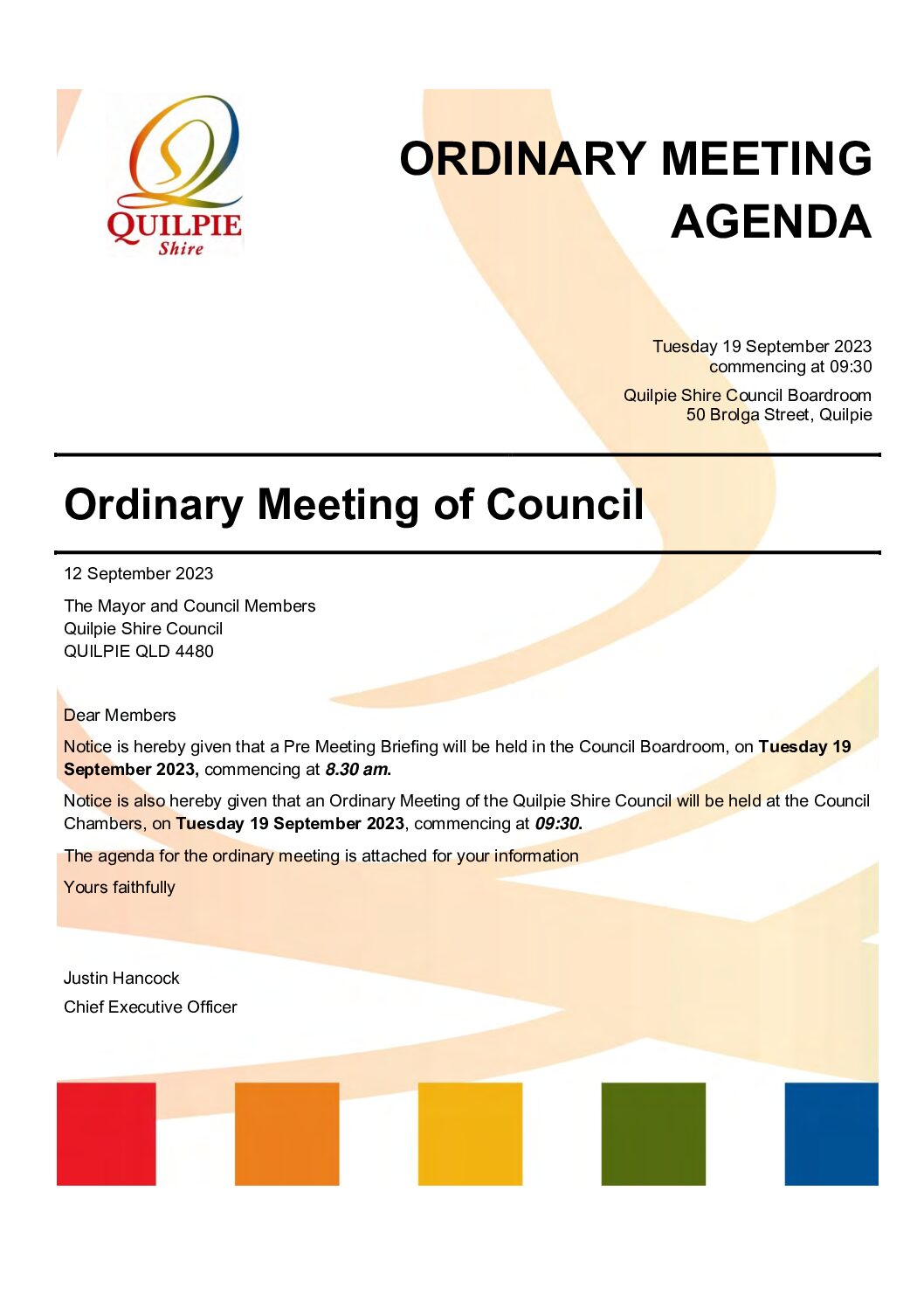 Agenda – Ordinary Council Meeting – 19 September 2023