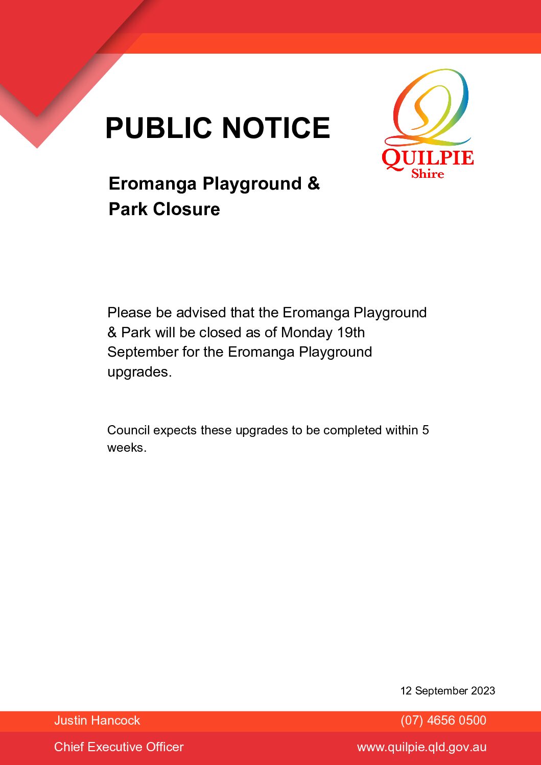 Eromanga Playground & Park Closure – Public Notice